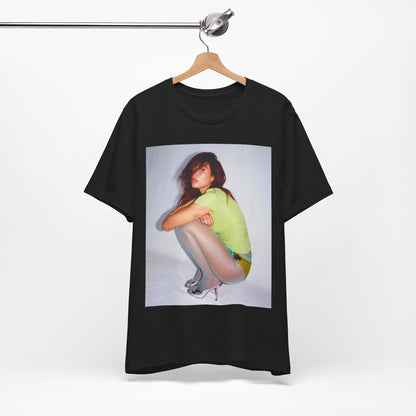 A black graphic t-shirt featuring a graphic inspired by Dua Lipa's 'Houdini' song.
