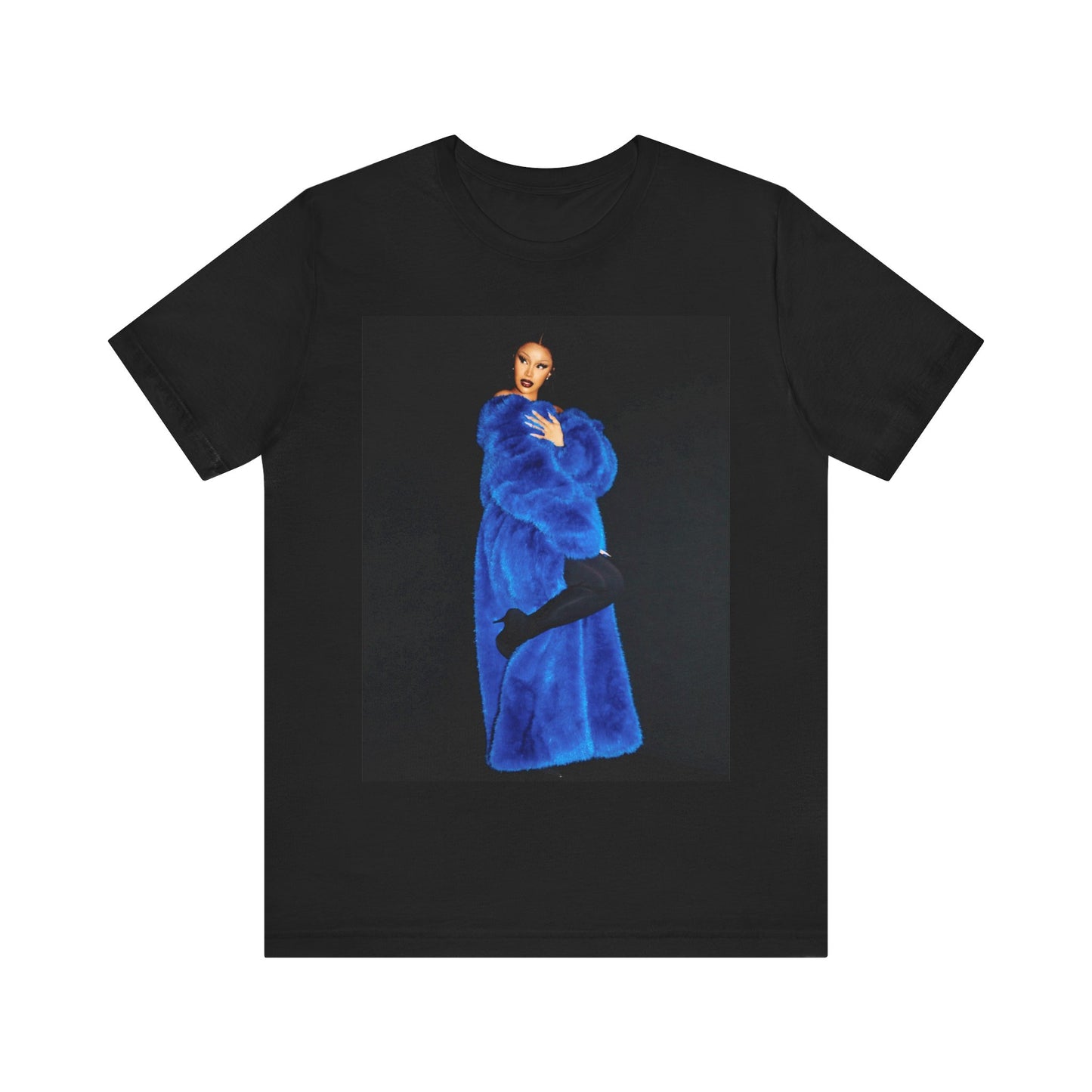 A black graphic t-shirt featuring a photo of Cardi B, possibly with blue velvet elements or a luxurious blue aesthetic.