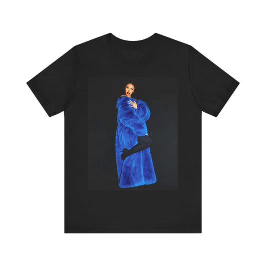 A black graphic t-shirt featuring a photo of Cardi B, possibly with blue velvet elements or a luxurious blue aesthetic.