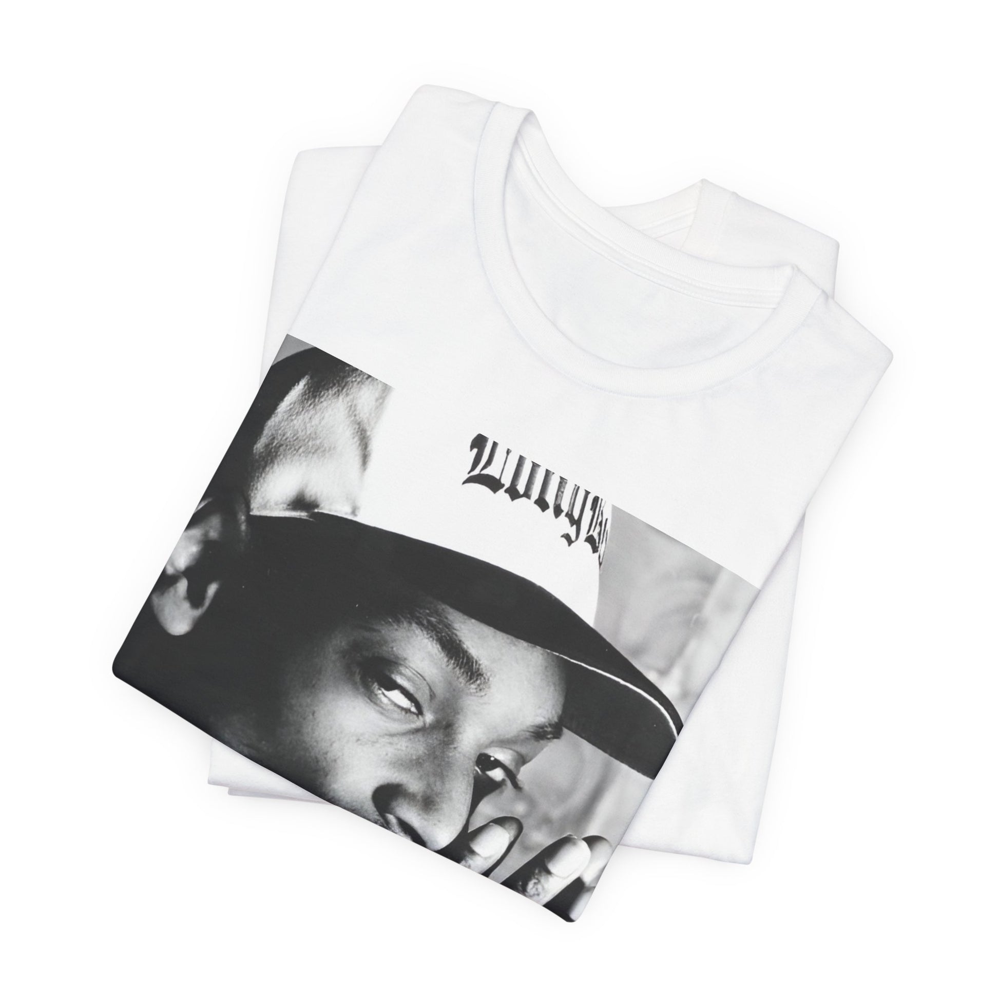 A black graphic t-shirt featuring a cool black and white graphic or photo of Snoop Dogg as a rapper.