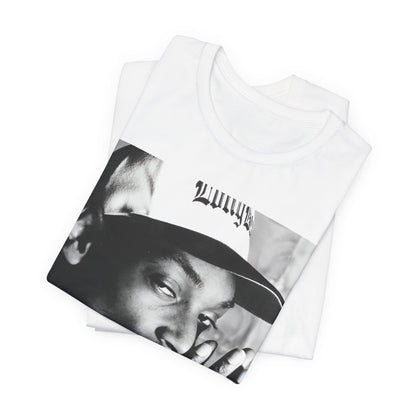 A black graphic t-shirt featuring a cool black and white graphic or photo of Snoop Dogg as a rapper.