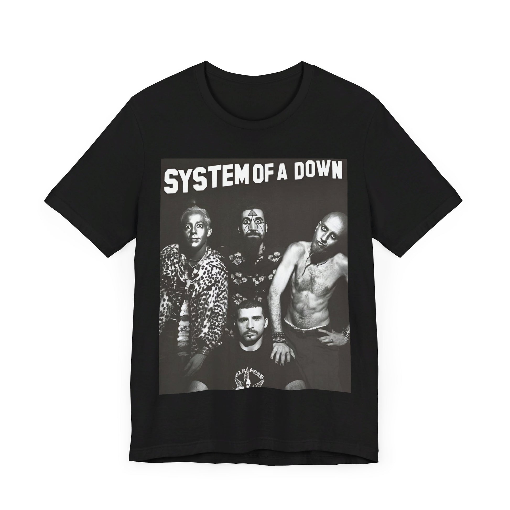 A black graphic t-shirt featuring a black and white graphic related to System of a Down's 'Chop Suey!' song or era.