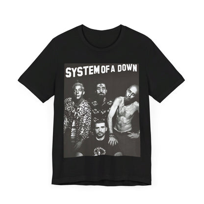 A black graphic t-shirt featuring a black and white graphic related to System of a Down's 'Chop Suey!' song or era.