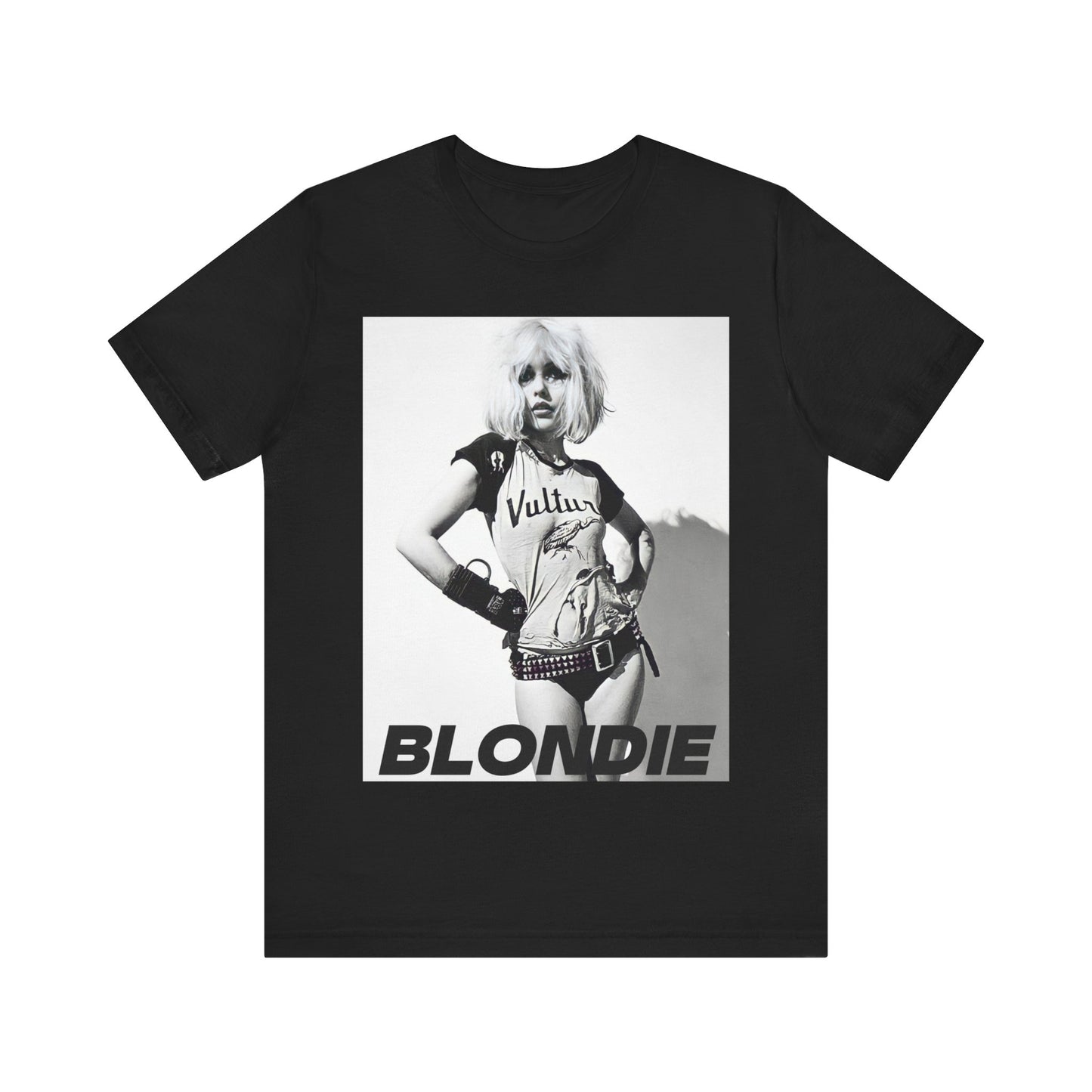 A black graphic t-shirt featuring a 70s punk graphic for Blondie, possibly with a 'vulture' motif or raw, edgy artwork.