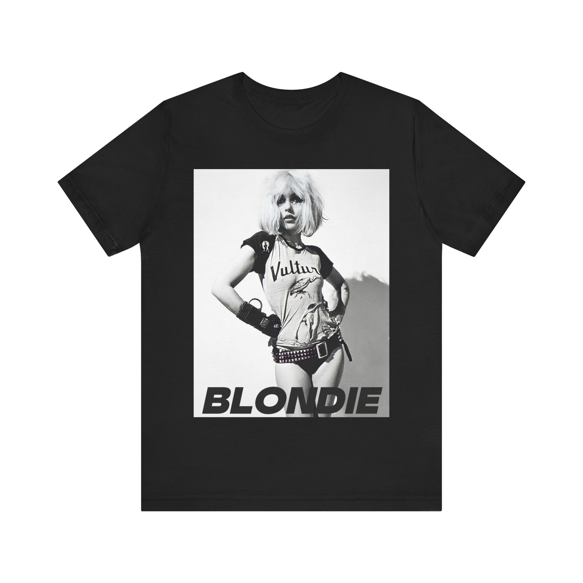 A black graphic t-shirt featuring a 70s punk graphic for Blondie, possibly with a 'vulture' motif or raw, edgy artwork.