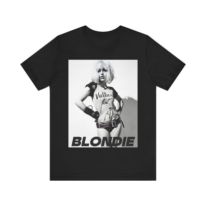 A black graphic t-shirt featuring a 70s punk graphic for Blondie, possibly with a 'vulture' motif or raw, edgy artwork.