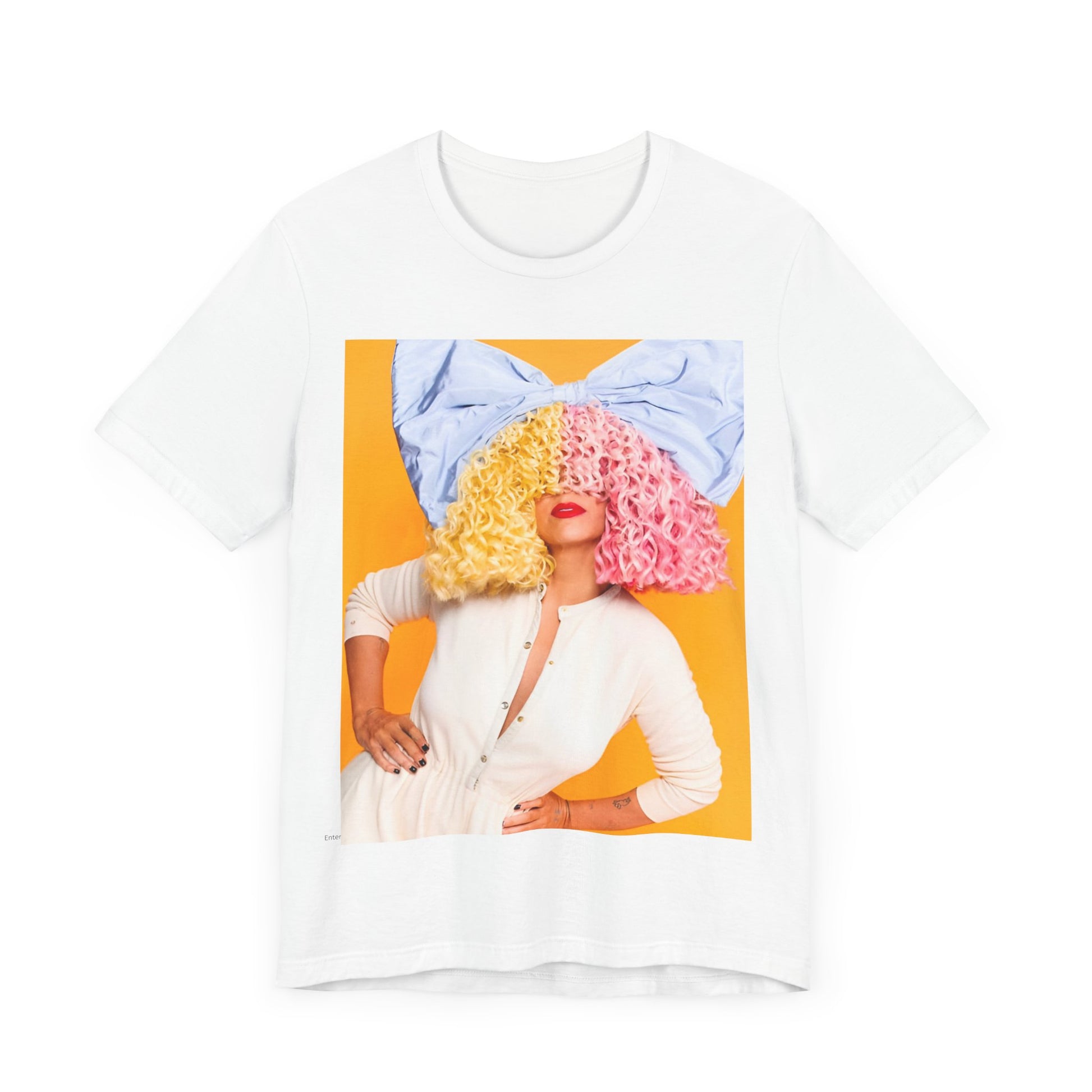 A black graphic t-shirt featuring a chill indie pop graphic of Sia.