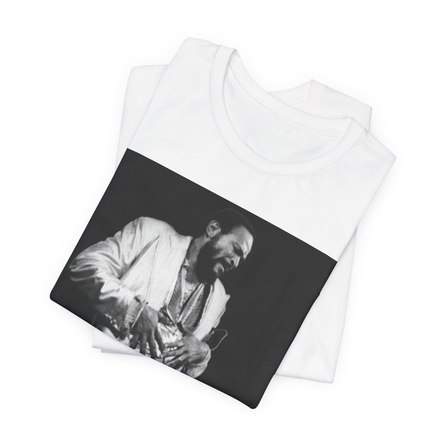 A black graphic t-shirt featuring a 70s Motown concert graphic of Marvin Gaye.