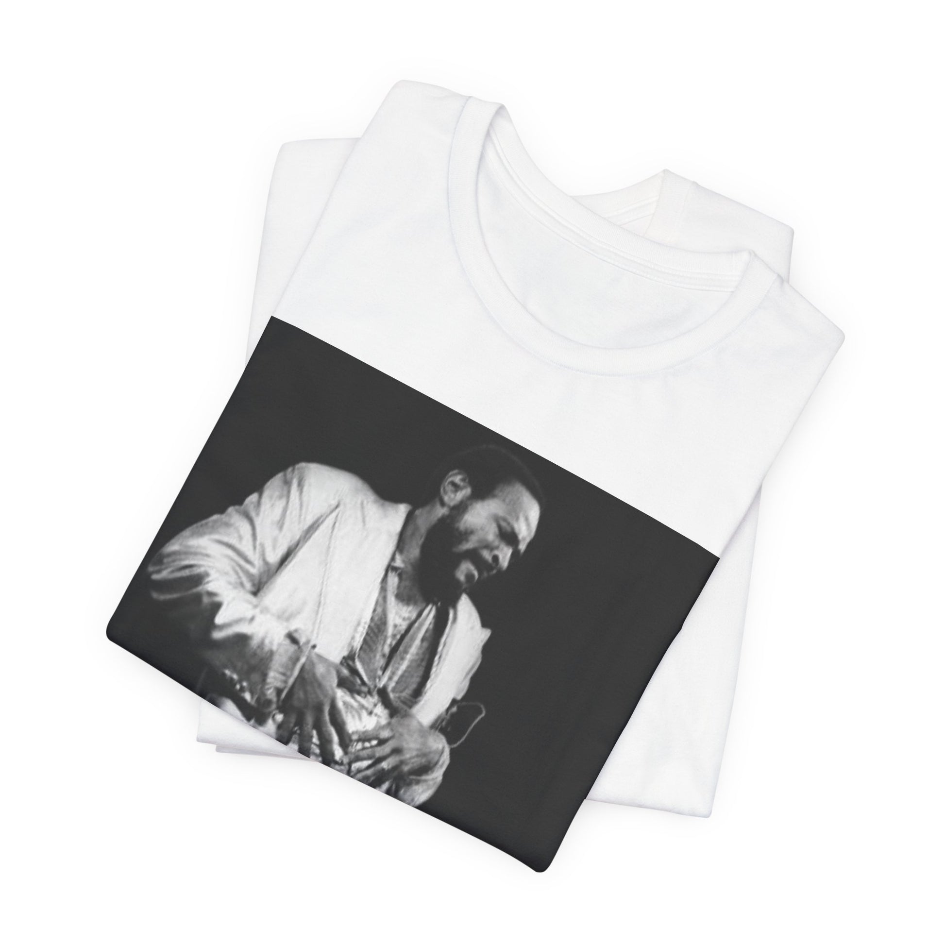 A black graphic t-shirt featuring a 70s Motown concert graphic of Marvin Gaye.