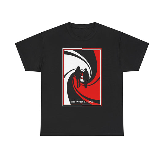 A black graphic t-shirt featuring a minimalist design graphic for The White Stripes.