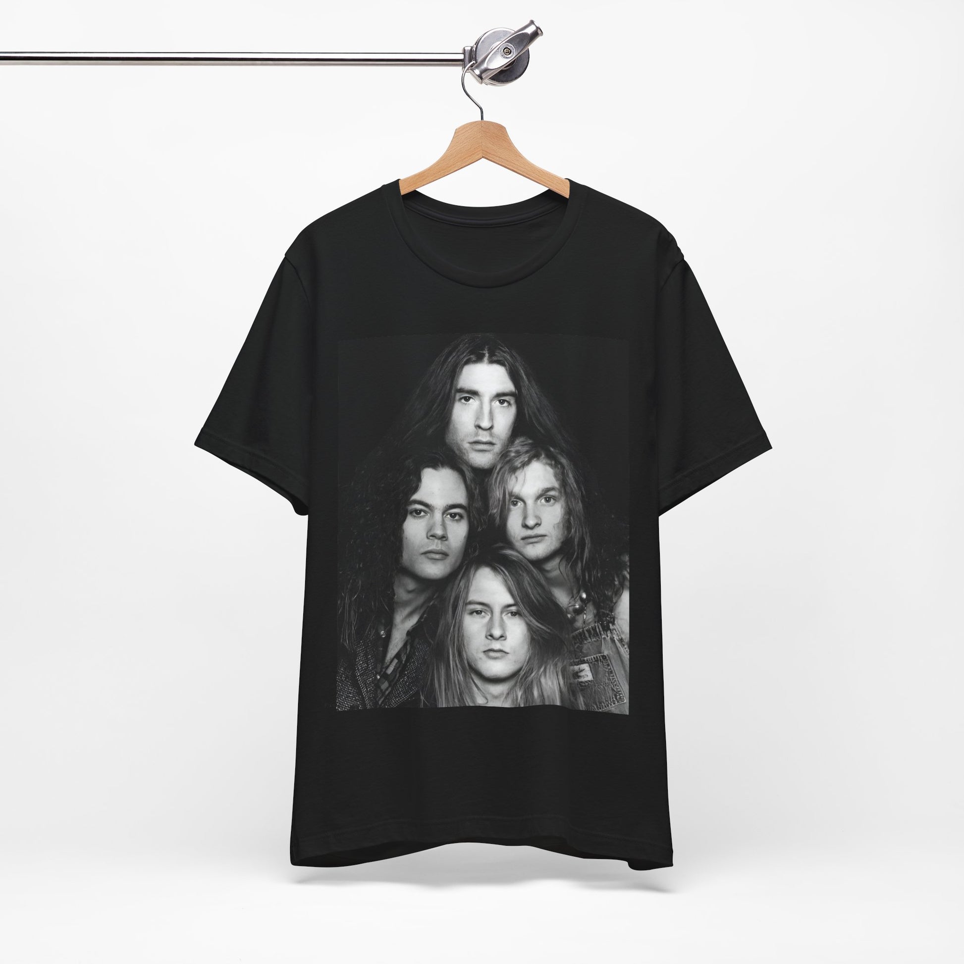 A black graphic t-shirt featuring a black and white graphic related to Alice In Chains' 90s 'Facelift' album era, possibly with band members in a stylized design.