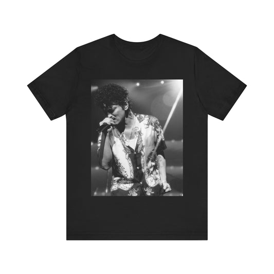 A black graphic t-shirt featuring a retro-style graphic of Bruno Mars as a soul icon.