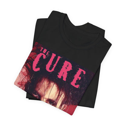 A black graphic t-shirt featuring a vintage graphic related to The Cure's 'Just Like Heaven' song or era.