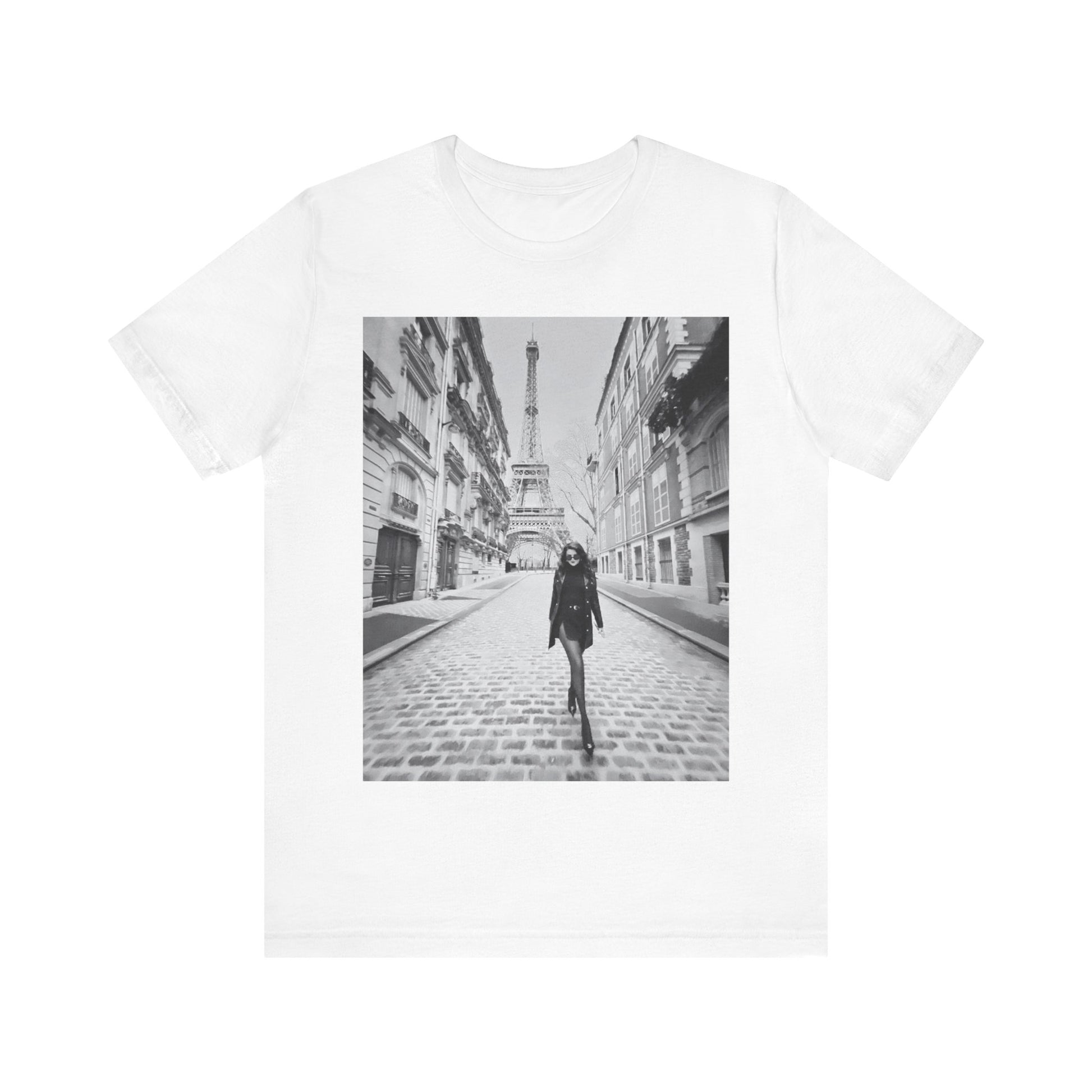 A black graphic t-shirt featuring a black and white photo of Selena Gomez in Paris.