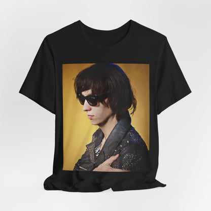A black graphic t-shirt featuring a retro graphic related to The Strokes' 'Is This It' album era.