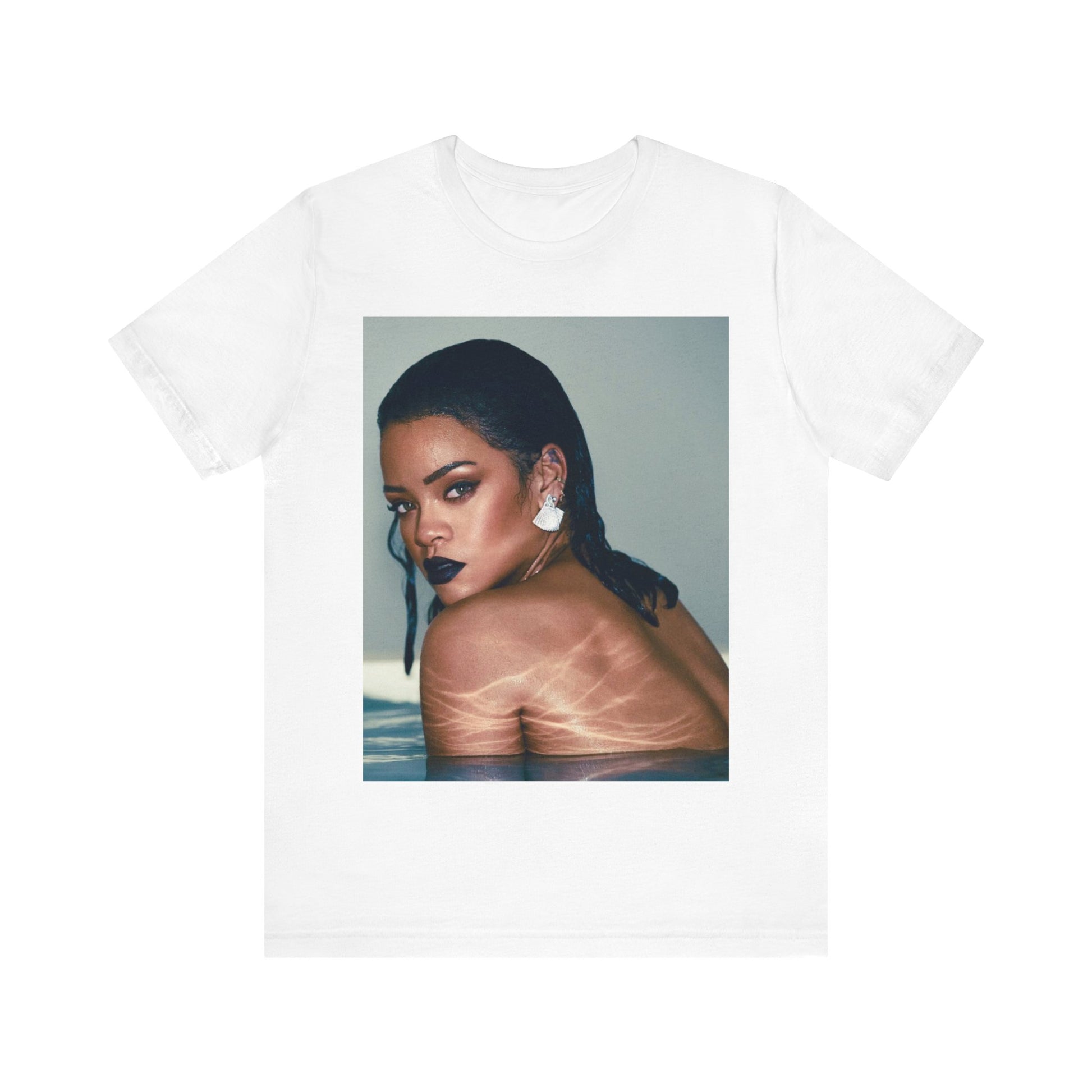 A black graphic t-shirt featuring a vintage pop icon graphic of Rihanna.