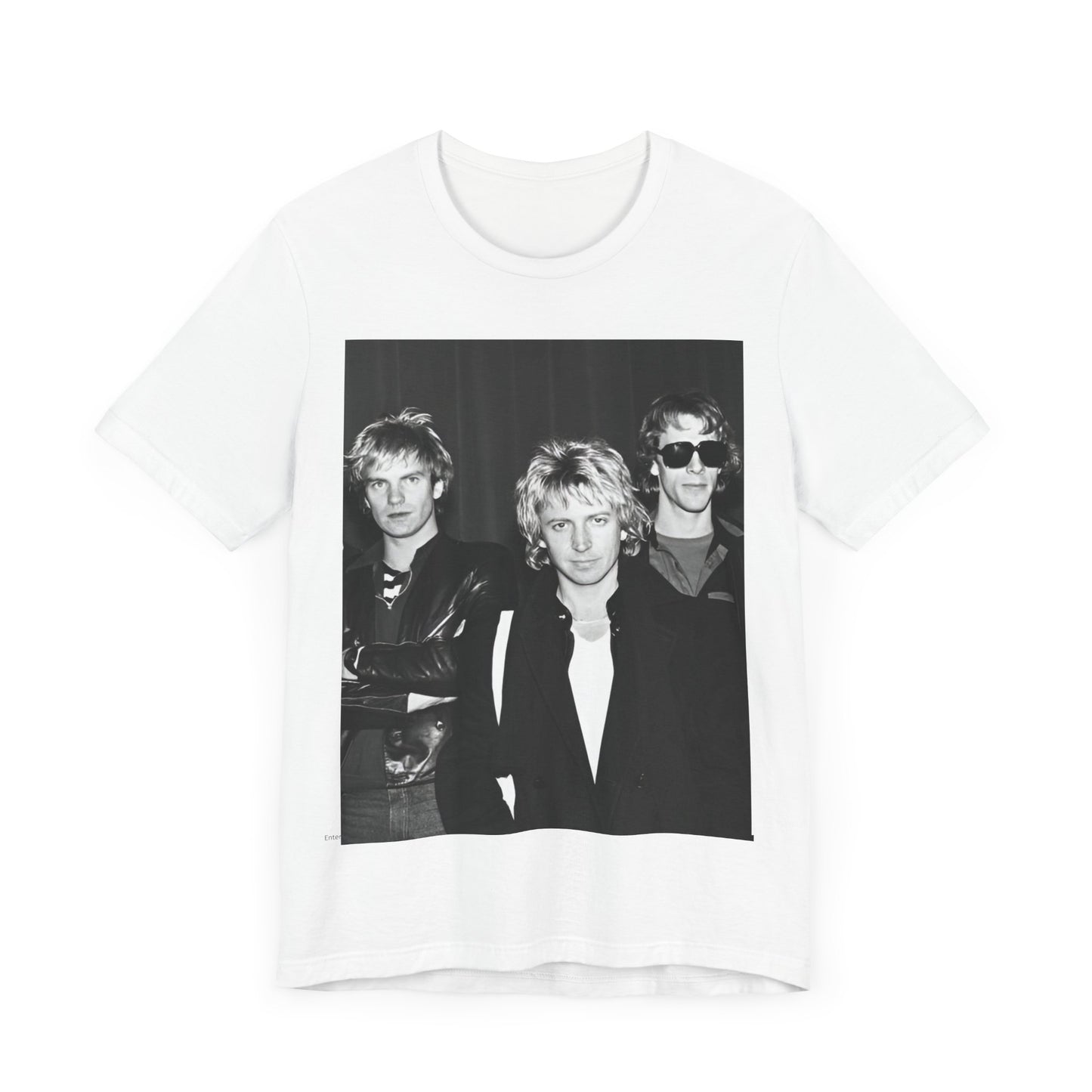 A black graphic t-shirt featuring a black and white, monochrome graphic or photo of The Police.