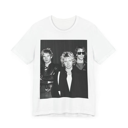 A black graphic t-shirt featuring a black and white, monochrome graphic or photo of The Police.