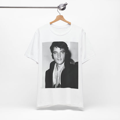 A black graphic t-shirt featuring a black and white rock and roll portrait photo of Elvis Presley.
