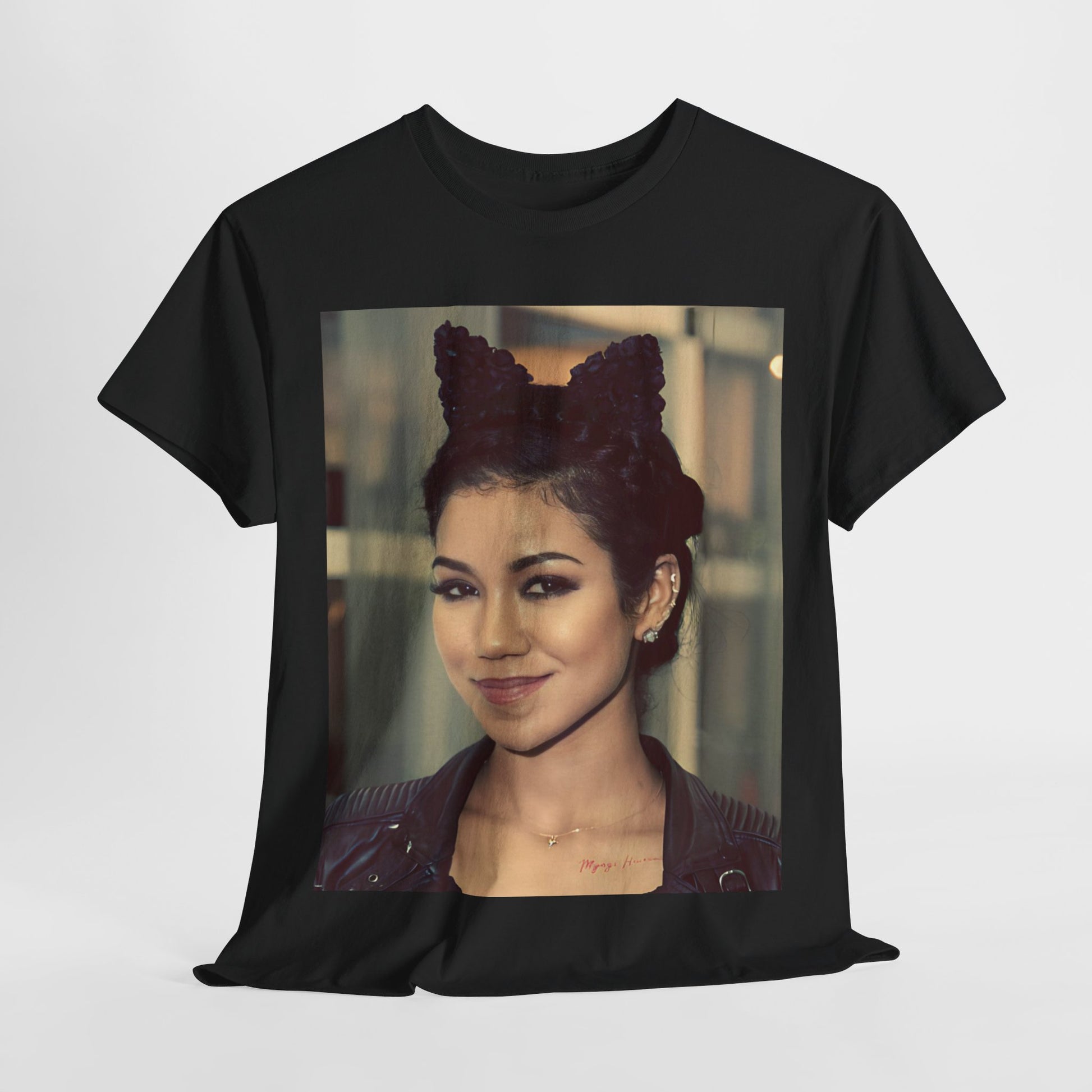 A black graphic t-shirt featuring a graphic of Jhene Aiko with a cool Los Angeles soul hip hop aesthetic.