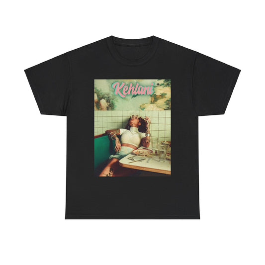 A black graphic t-shirt featuring a cool alt R&B artist graphic of Kehlani.