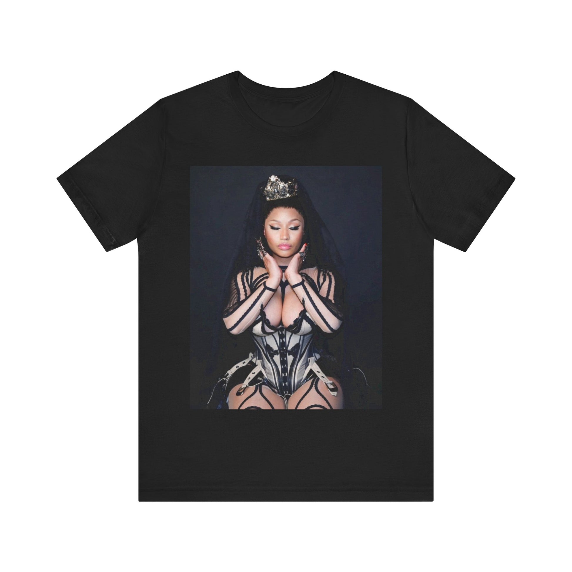 A black graphic t-shirt featuring a vintage graphic of Nicki Minaj as the Queen of Rap.