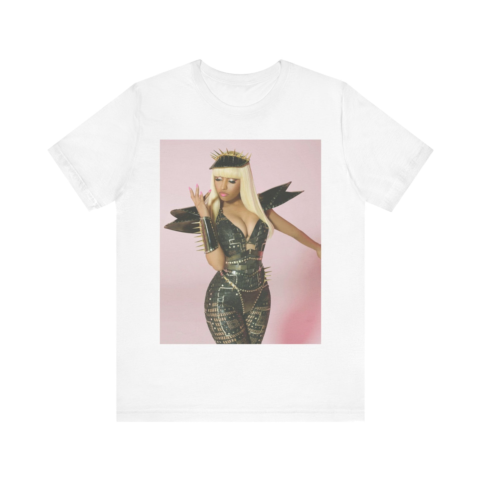 A black graphic t-shirt featuring a high fashion street vibe graphic of Nicki Minaj.
