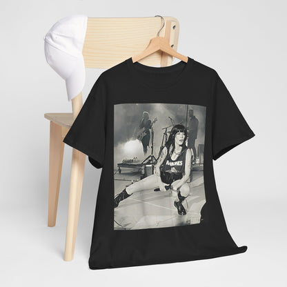 A black graphic t-shirt featuring a black and white graphic or photo of Halsey performing live in concert.