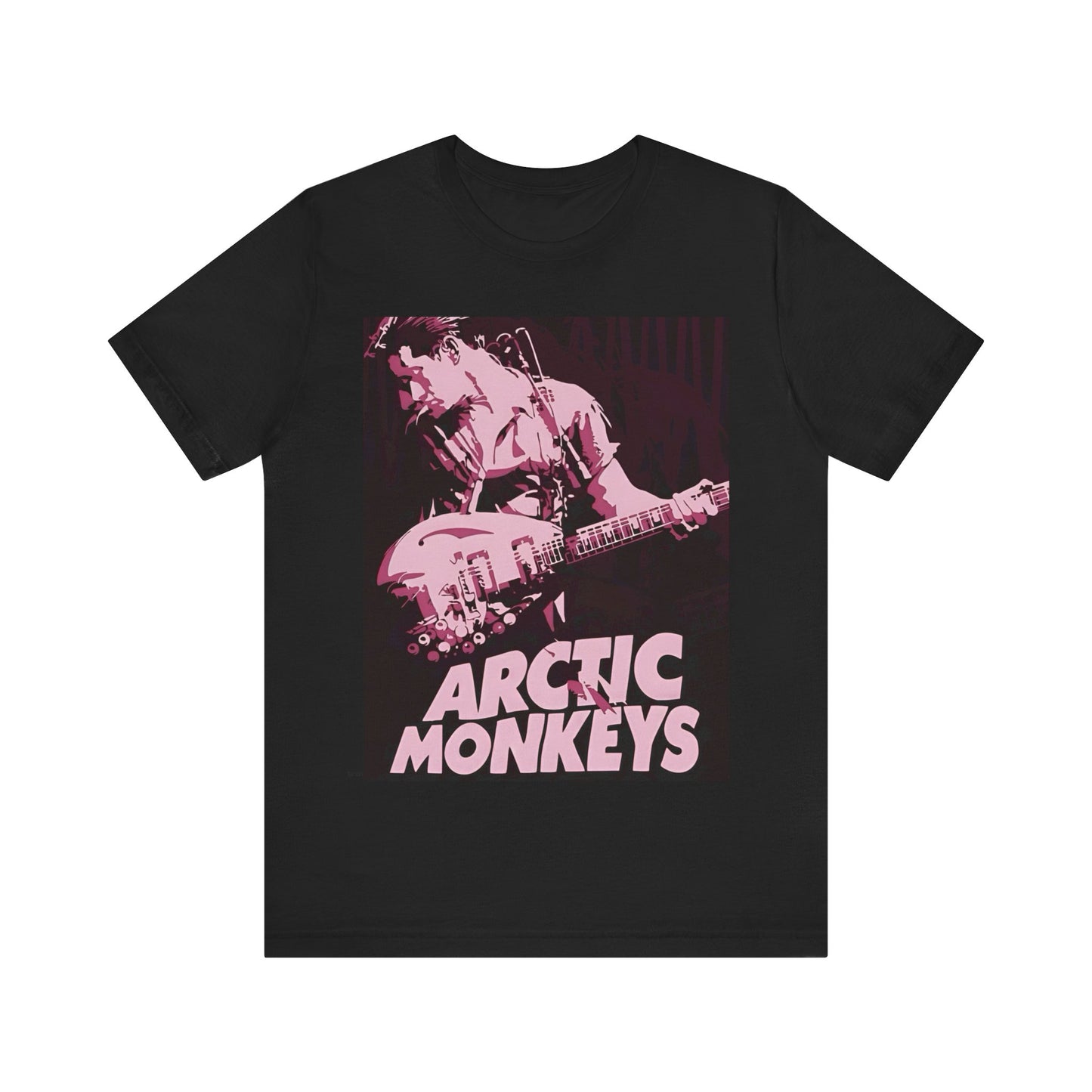 A black graphic t-shirt featuring the Arctic Monkeys logo in a prominent pink color, creating an aesthetic look.