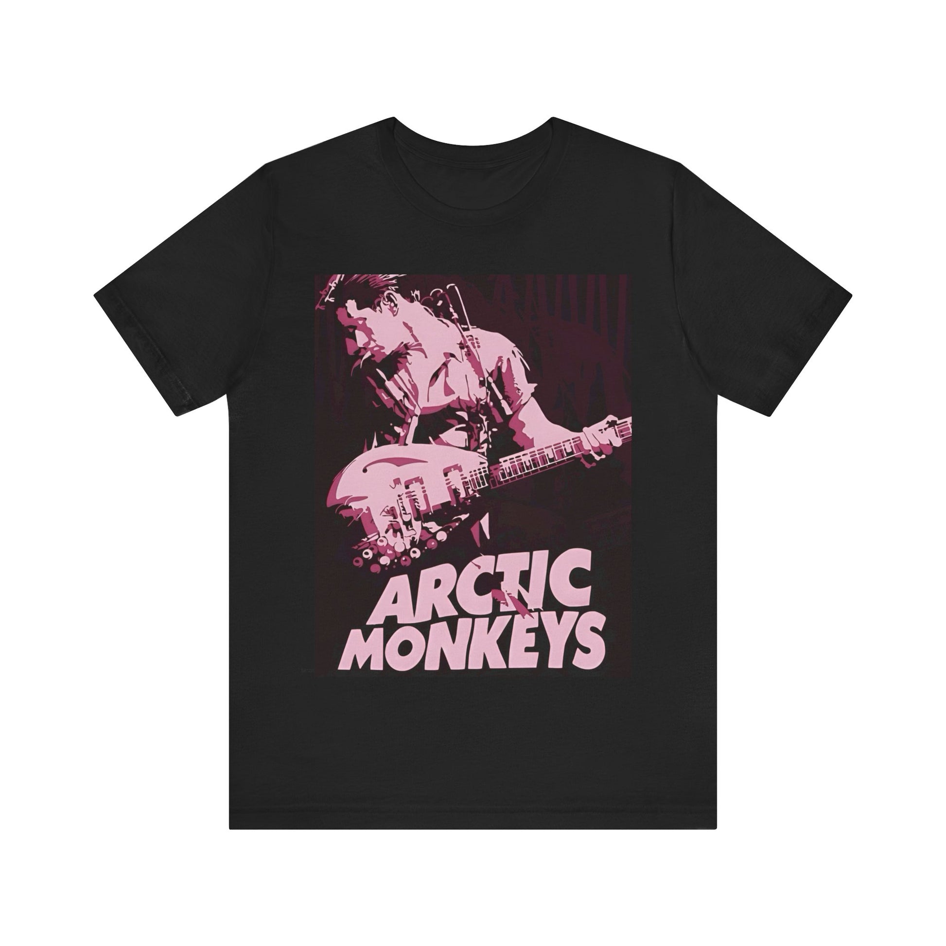A black graphic t-shirt featuring the Arctic Monkeys logo in a prominent pink color, creating an aesthetic look.