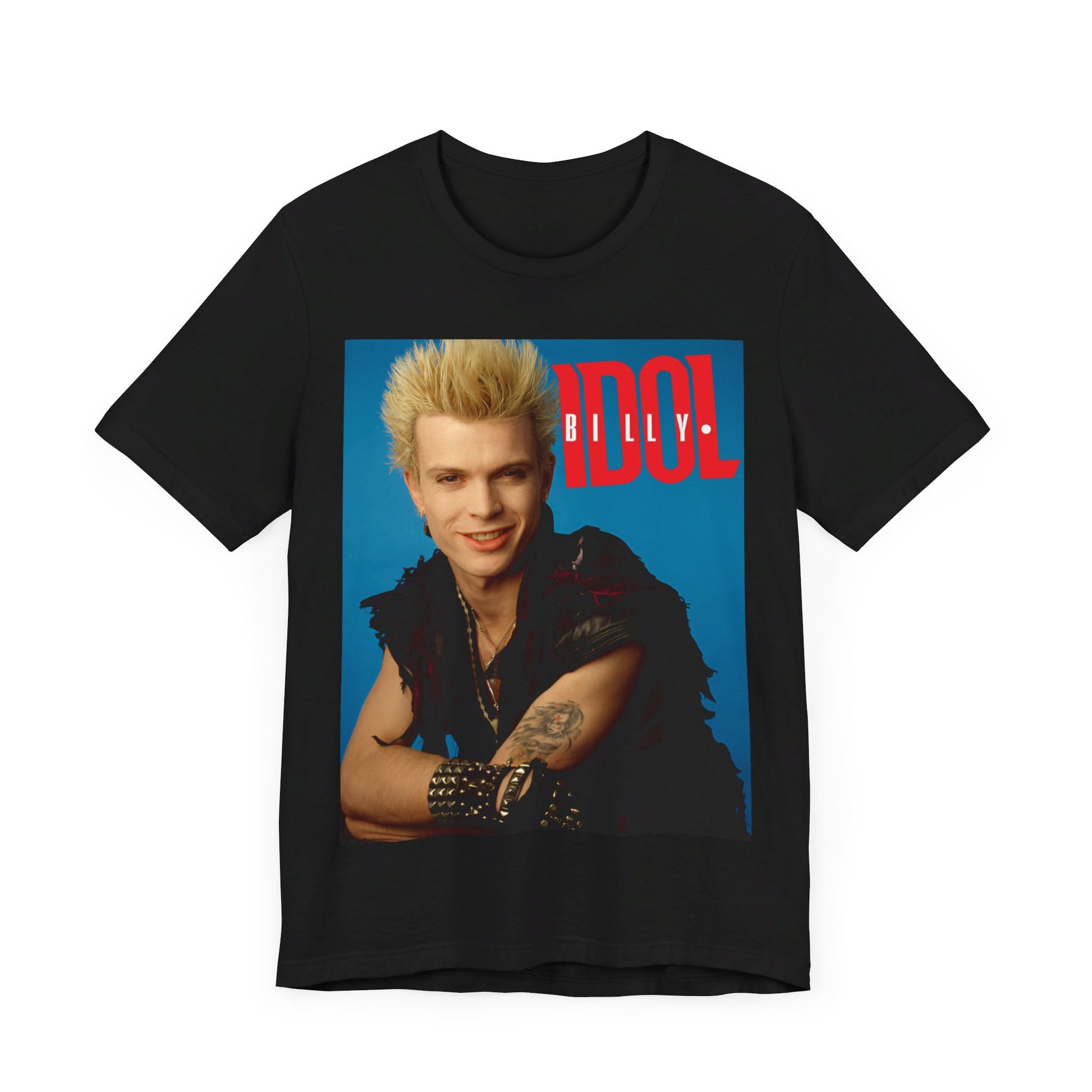 A black graphic t-shirt featuring a casual graphic inspired by Billy Idol's 'Rebel Yell' album or era.