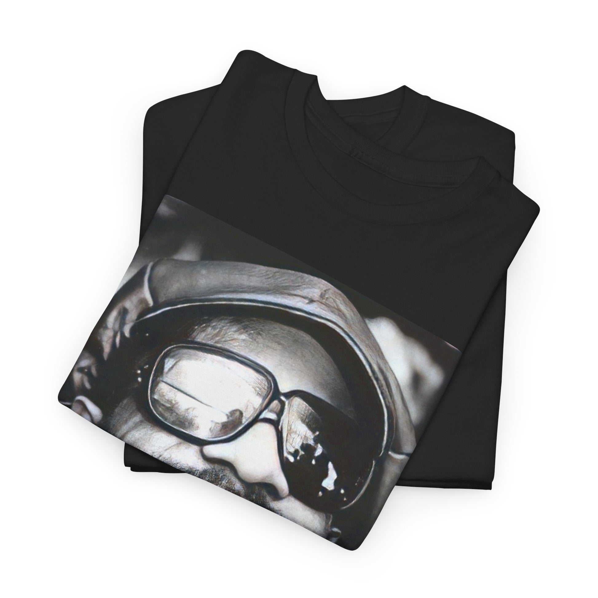 A black graphic t-shirt featuring a black and white portrait photo of Stevie Wonder.