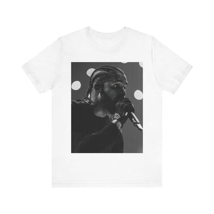 A black graphic t-shirt featuring a classic black and white style graphic of Drake.