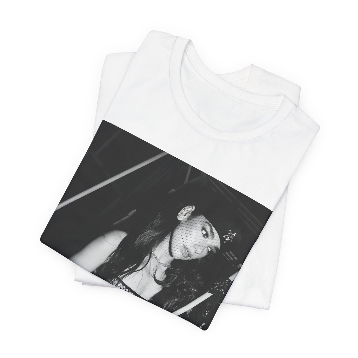 A black graphic t-shirt featuring a black and white, monochrome graphic or portrait of Dua Lipa.