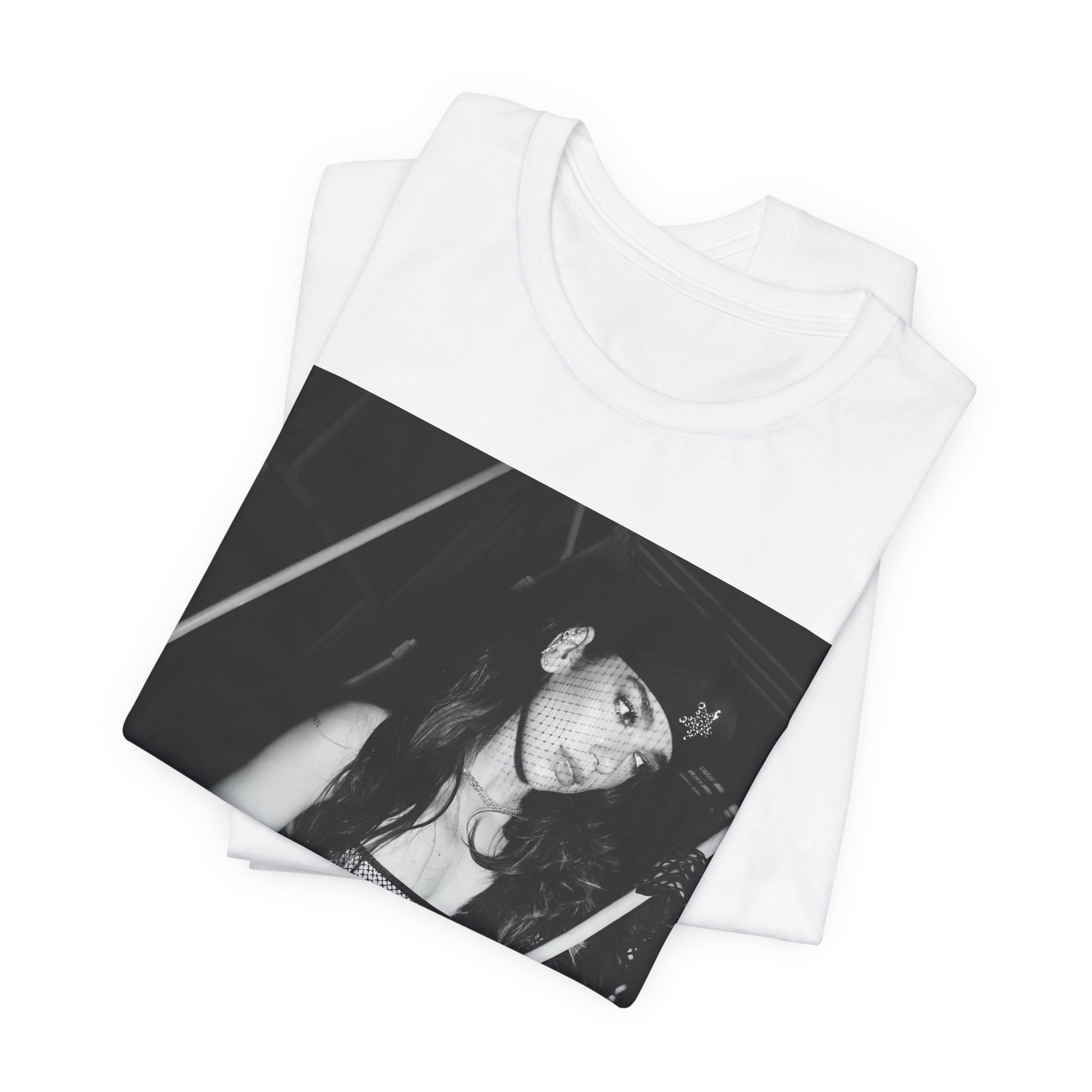A black graphic t-shirt featuring a black and white, monochrome graphic or portrait of Dua Lipa.