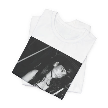 A black graphic t-shirt featuring a black and white, monochrome graphic or portrait of Dua Lipa.