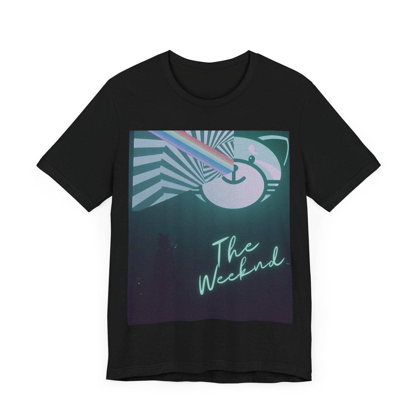 A black graphic t-shirt featuring a vintage concert graphic of The Weeknd from his 'Kiss Land' era.