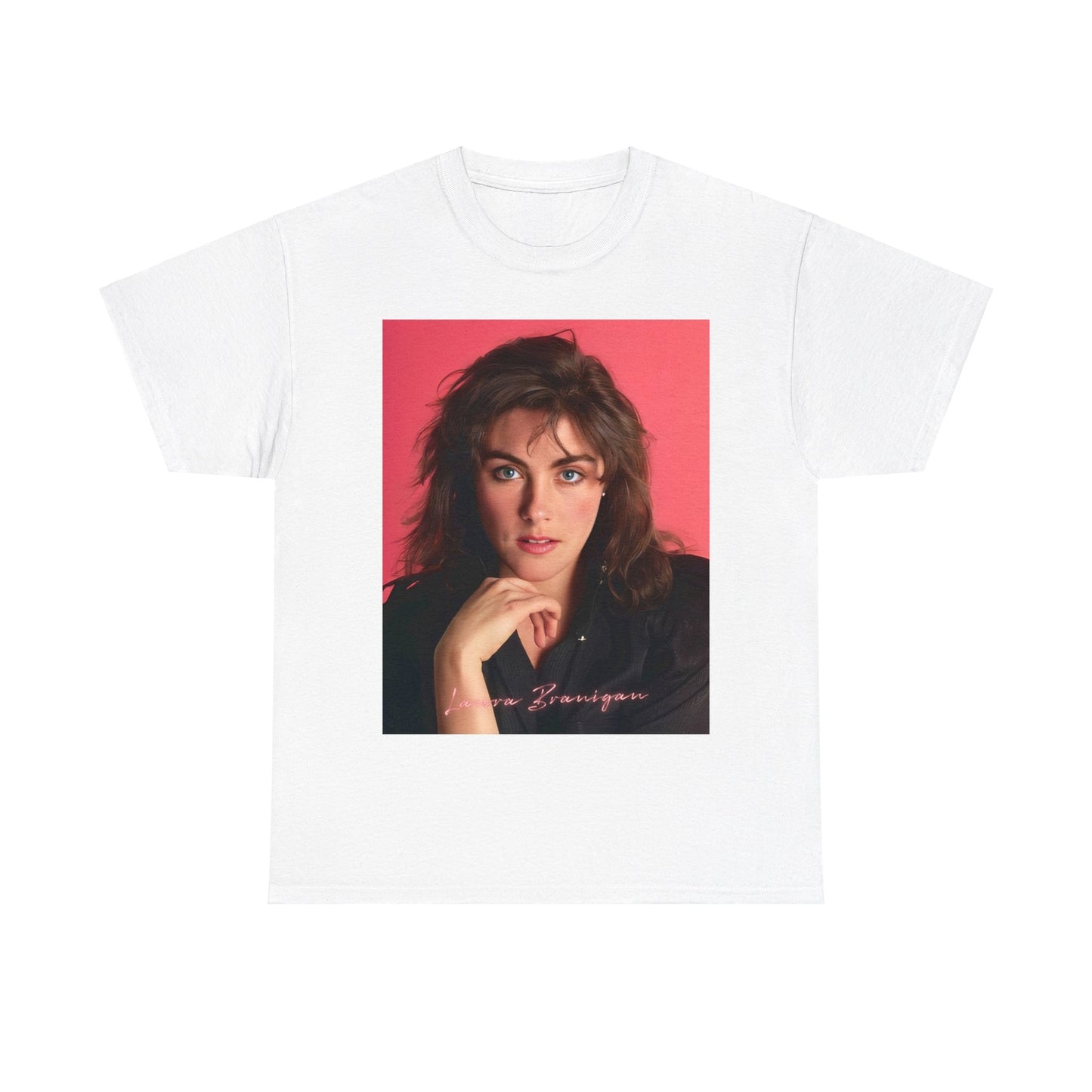 A black graphic t-shirt featuring a vintage 80s pop diva graphic of Laura Branigan.
