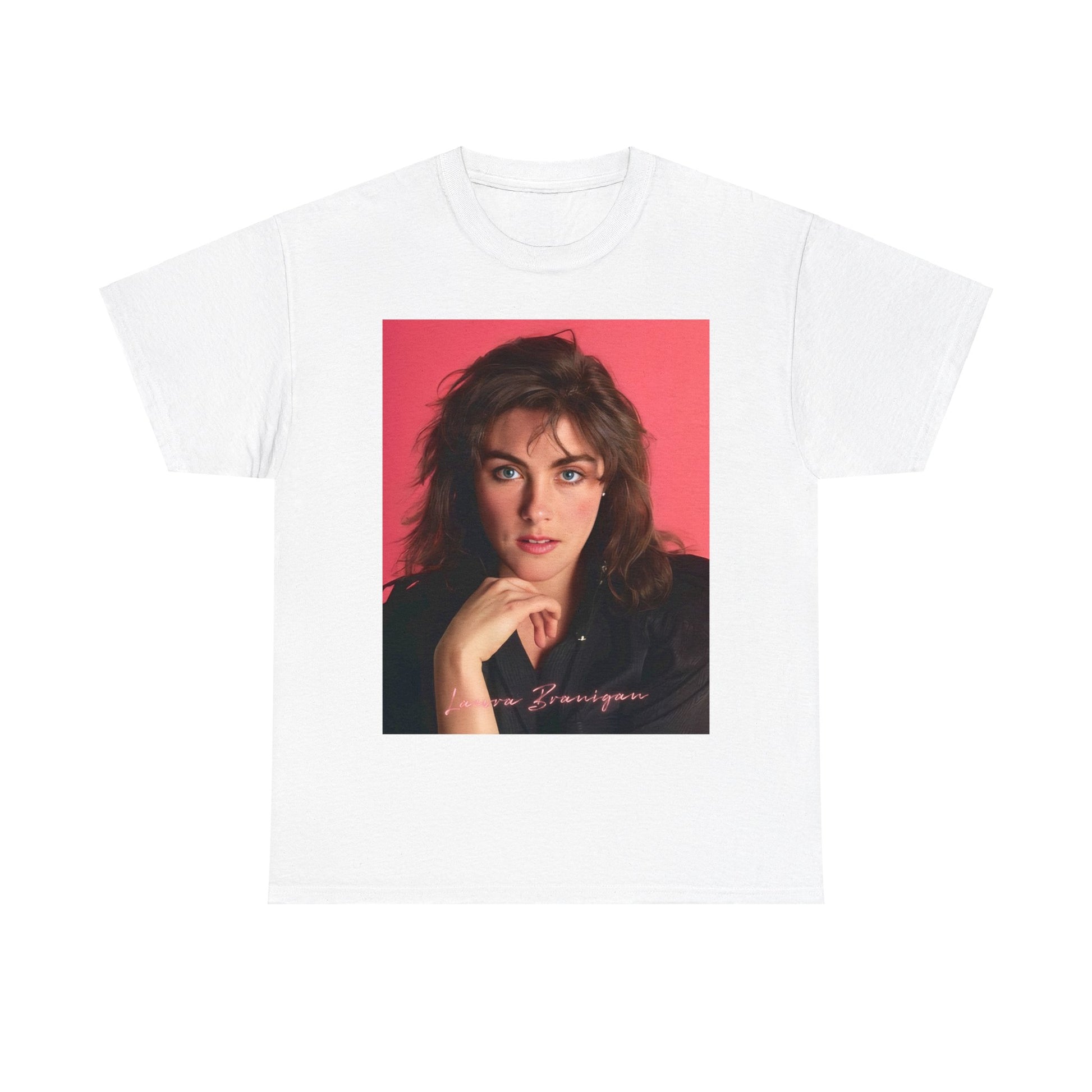 A black graphic t-shirt featuring a vintage 80s pop diva graphic of Laura Branigan.