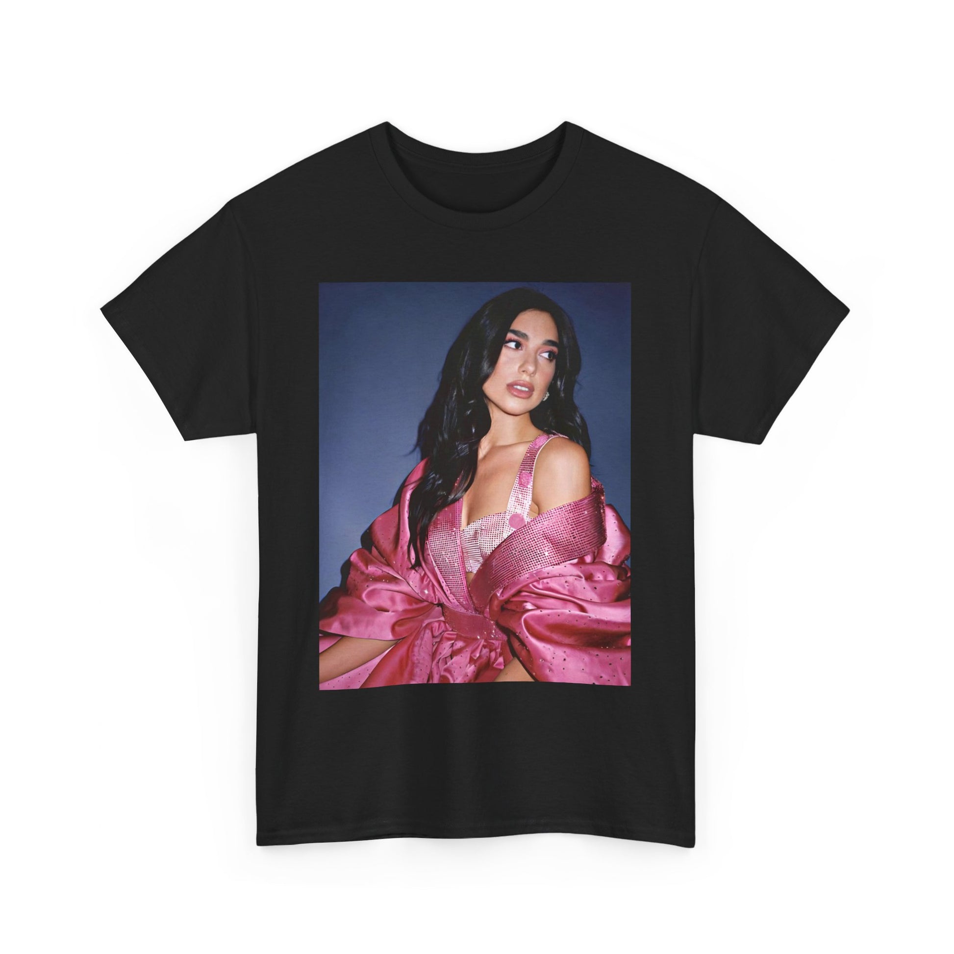 A black graphic t-shirt featuring a retro photo of Dua Lipa from her "Future Nostalgia" era.