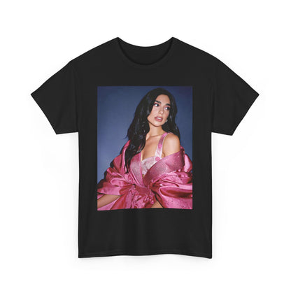 A black graphic t-shirt featuring a retro photo of Dua Lipa from her "Future Nostalgia" era.