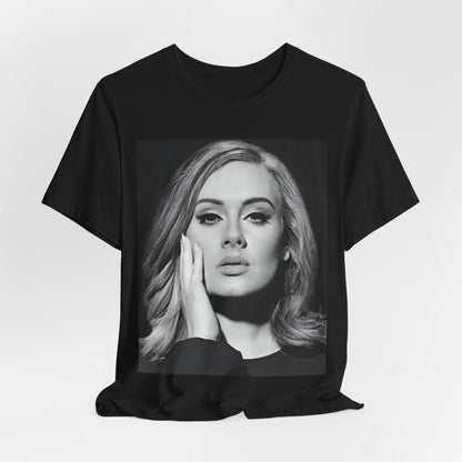 A black graphic t-shirt featuring a studio portrait of Adele from her '25' album era, showing a poised and thoughtful expression with her hair styled elegantly.