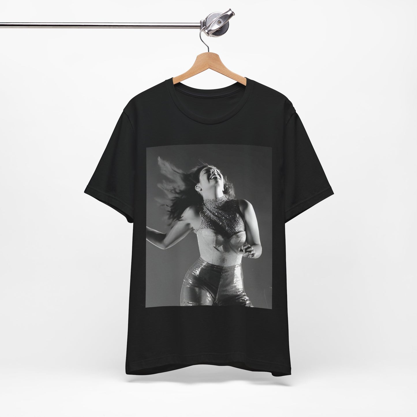 A black graphic t-shirt featuring a black and white, monochrome graphic or portrait of Lorde.