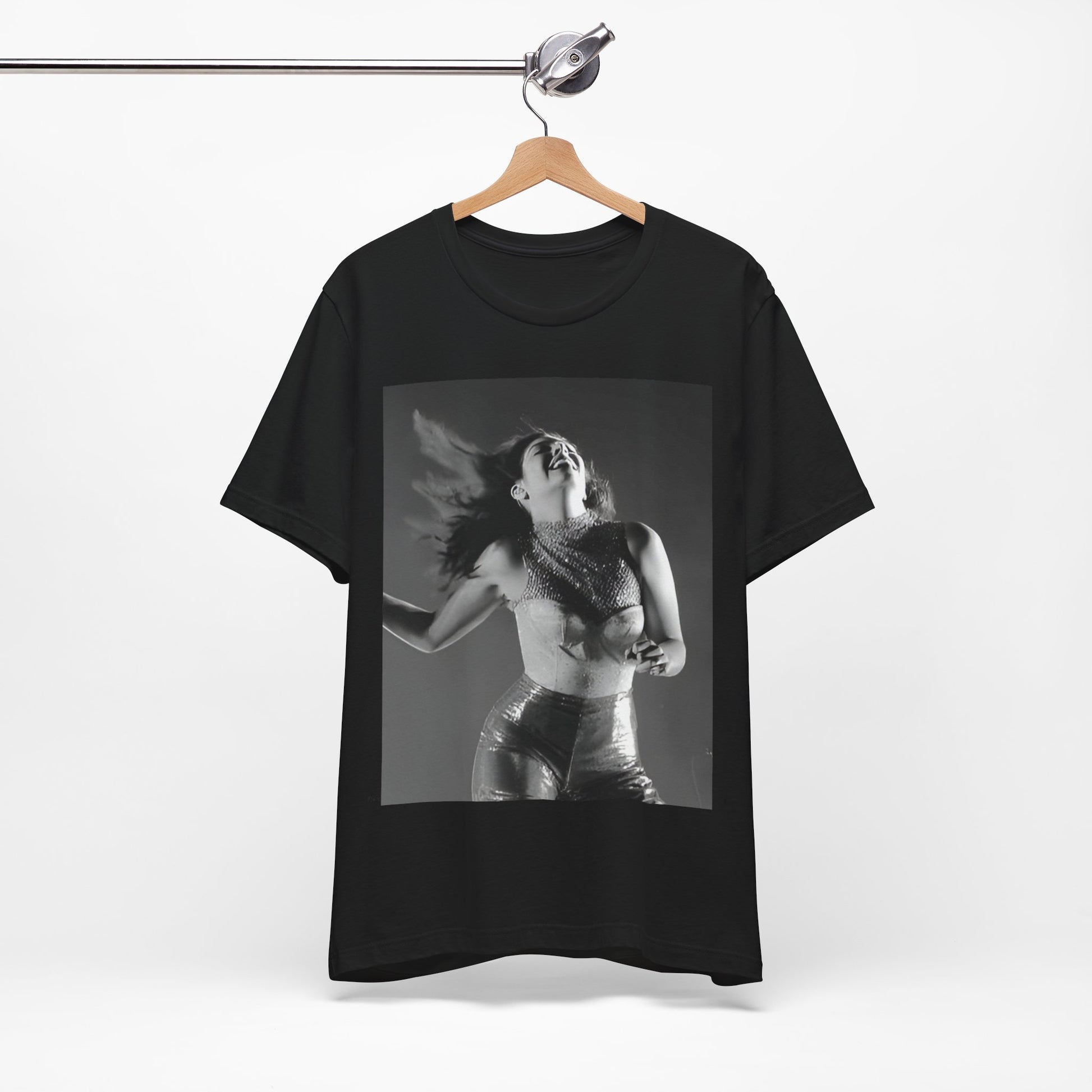 A black graphic t-shirt featuring a black and white, monochrome graphic or portrait of Lorde.