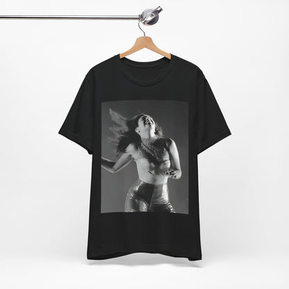 A black graphic t-shirt featuring a black and white, monochrome graphic or portrait of Lorde.