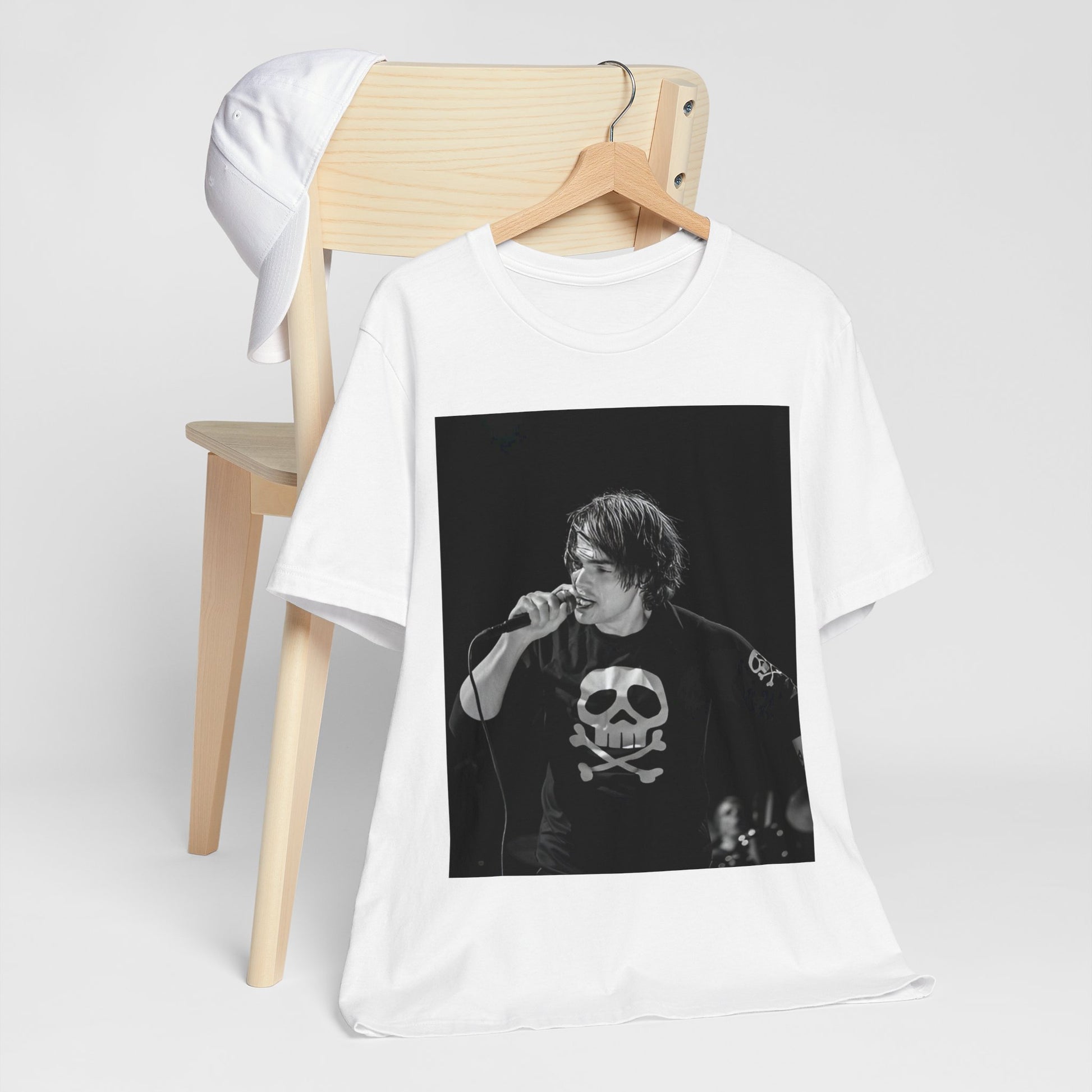 A black graphic t-shirt featuring a black and white portrait photo of Gerard Way from My Chemical Romance.