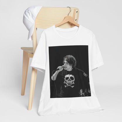 A black graphic t-shirt featuring a black and white portrait photo of Gerard Way from My Chemical Romance.