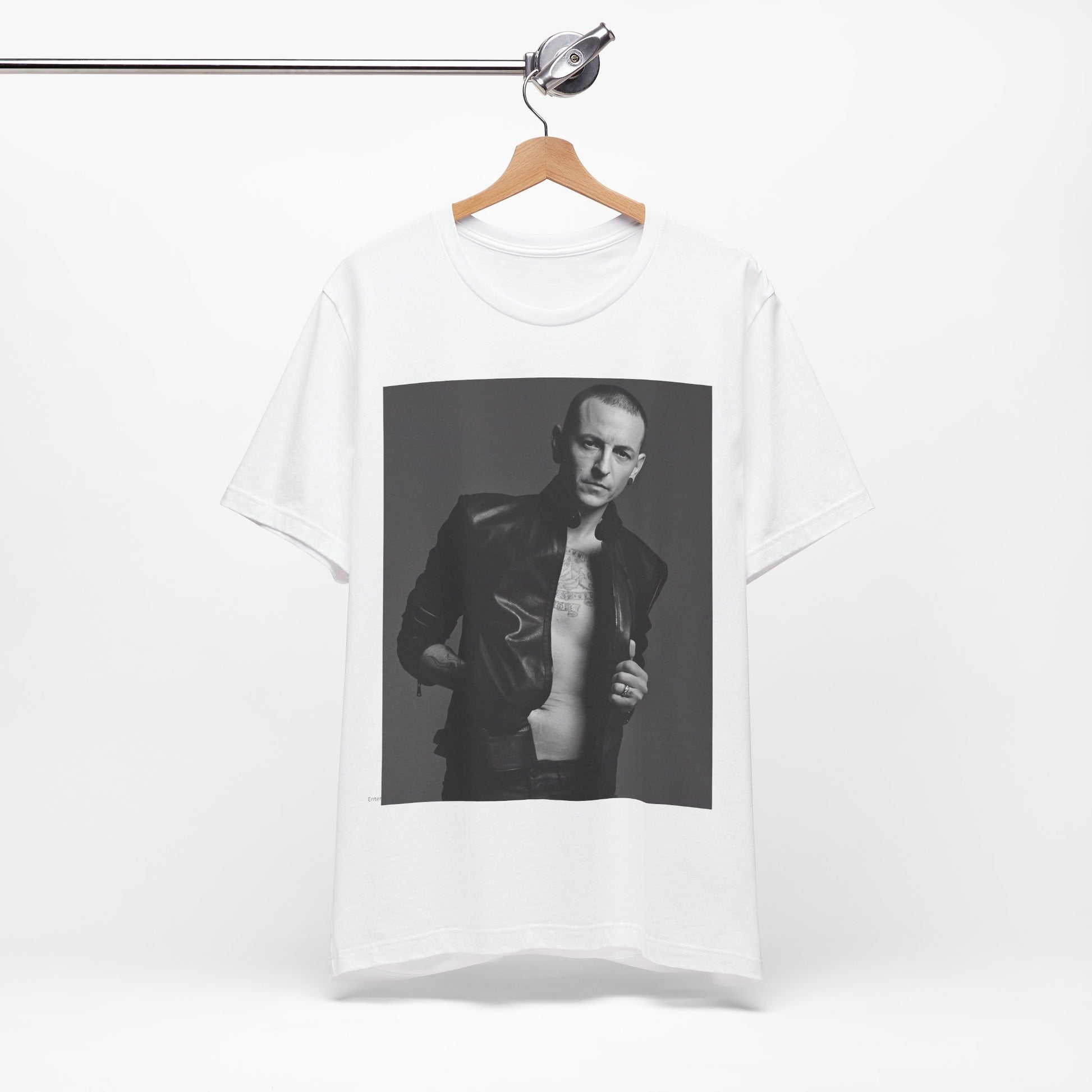 A black graphic t-shirt featuring a graphic of Chester Bennington from Linkin Park as a rock icon.