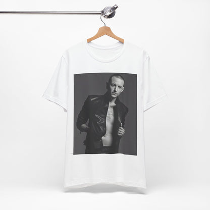 A black graphic t-shirt featuring a graphic of Chester Bennington from Linkin Park as a rock icon.