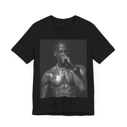 A black graphic t-shirt featuring an underground hip hop graphic of Travis Scott.